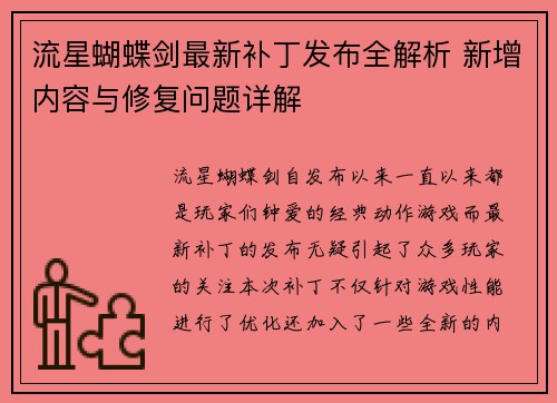 流星蝴蝶剑最新补丁发布全解析 新增内容与修复问题详解